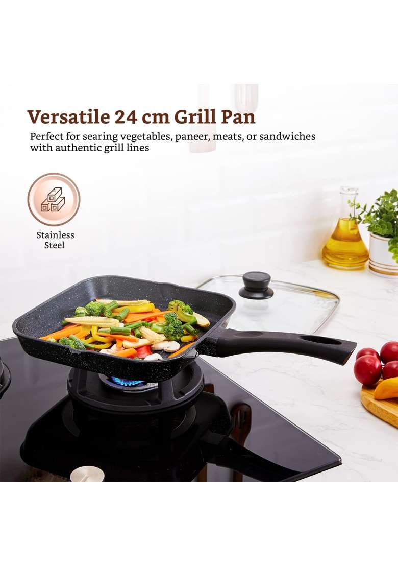 Solimo Amazon Brand Solimo Non-Stick Grill Pan with Glass Lid | 1.8 L | 1.9 Qt | 24 cm | 9.4 Inch | Induction Compatible | PFOA Free - Indya