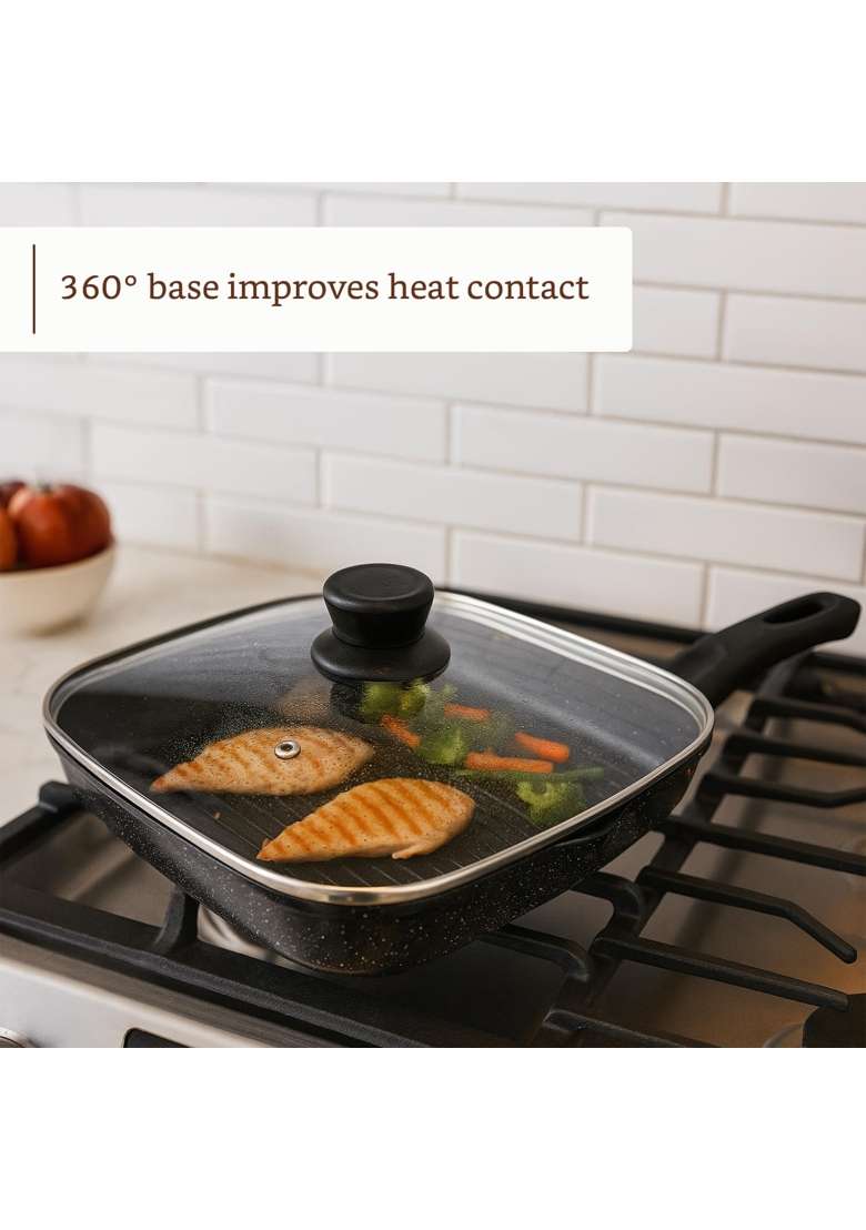 Solimo Amazon Brand Solimo Non-Stick Grill Pan with Glass Lid | 1.8 L | 1.9 Qt | 24 cm | 9.4 Inch | Induction Compatible | PFOA Free - Indya