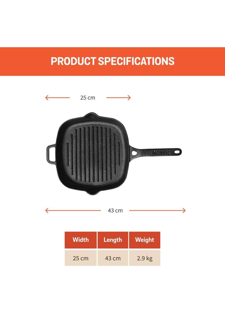 Meyer Cast Iron Grill Pan Cast Iron Pan | 25 cm | 9.8 Inch | Induction Compatible - Indya