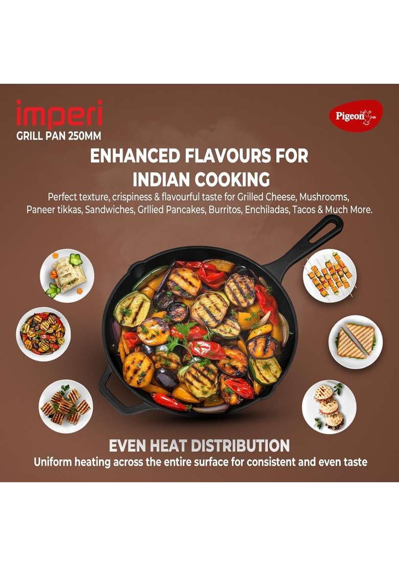 Pigeon By Stovekraft Cast Iron Grill Pan | 25 cm | 9.8 Inch | Non-Toxic | Pre-Seasoned | Non-Stick - Indya