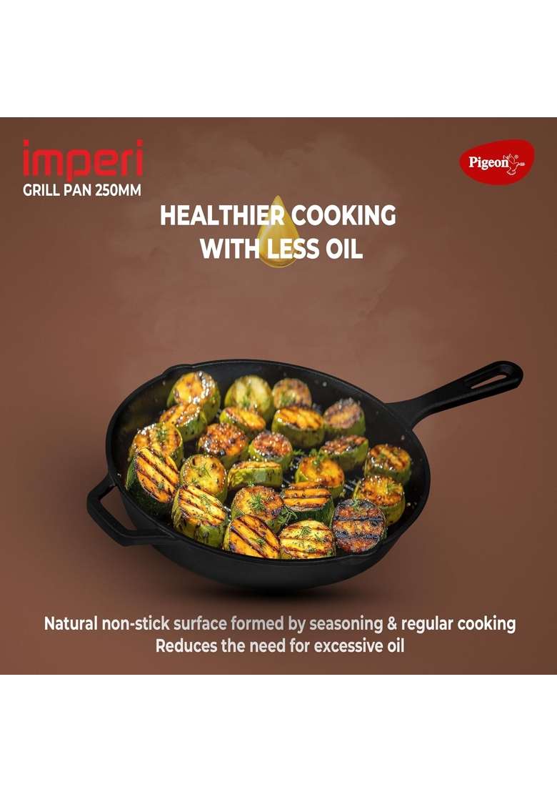 Pigeon By Stovekraft Cast Iron Grill Pan | 25 cm | 9.8 Inch | Non-Toxic | Pre-Seasoned | Non-Stick - Indya