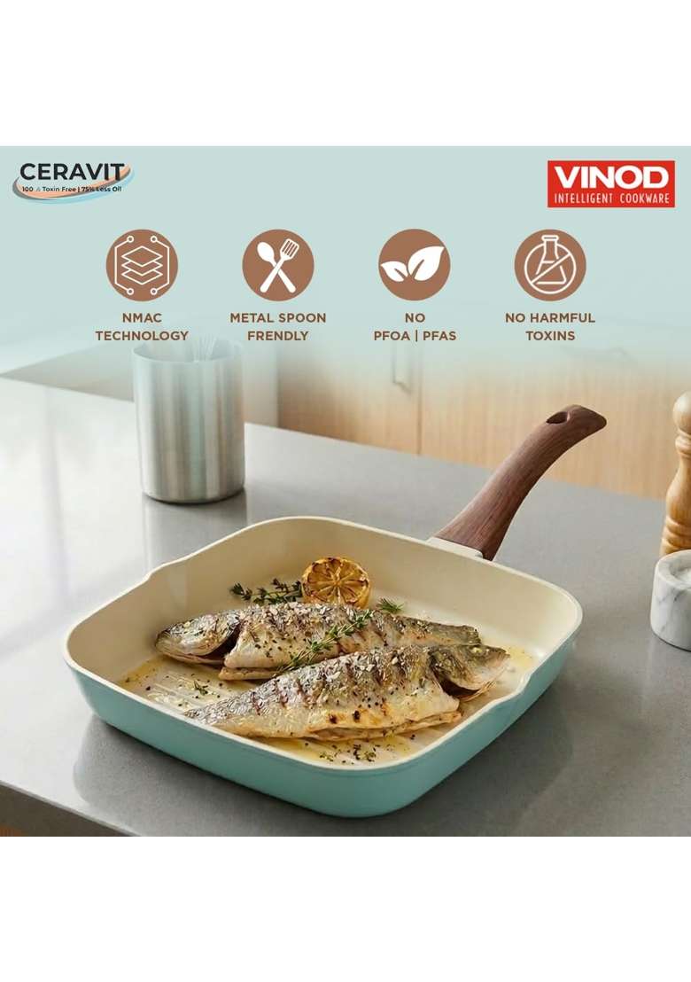 Vinod Ceravit Ceramic Non Stick Grill Pan | 2 L | 2.1 Qt | 24 cm | 9.4 Inch | Induction Compatible | PFOA Free | Non-Toxic - Indya