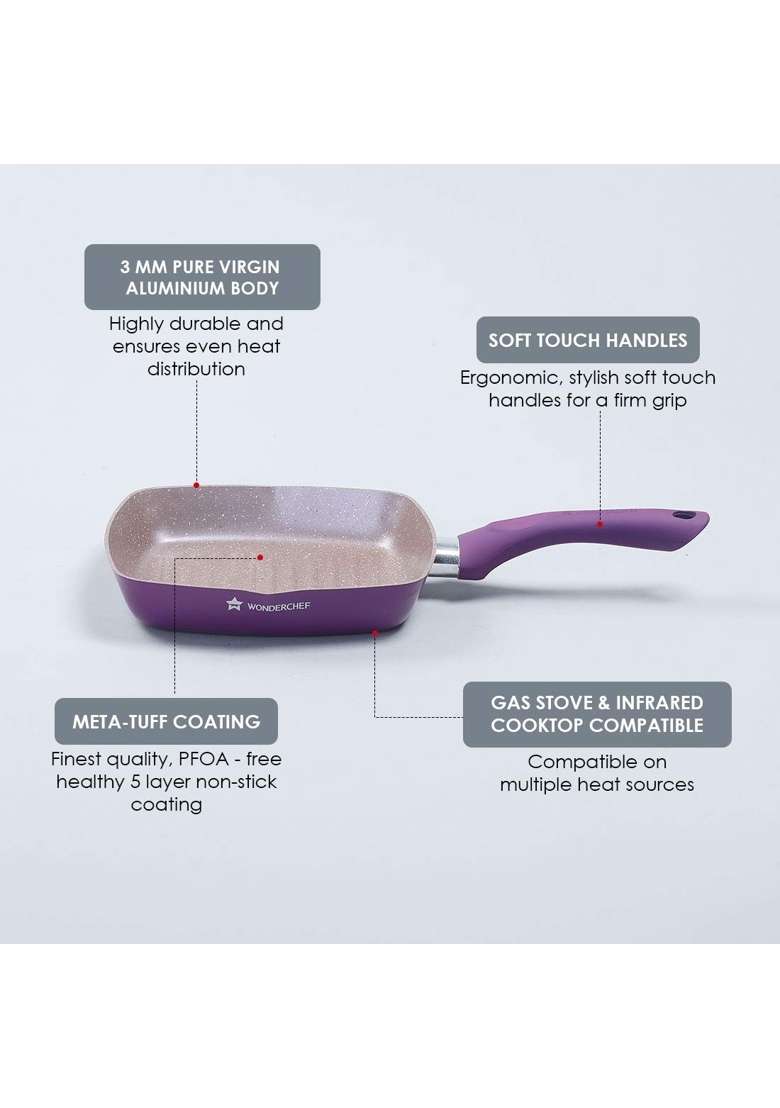 Wonderchef Royal Velvet Non-Stick Grill Pan for Kitchen | 20 cm | 7.9 Inch | Induction Compatible | PFOA Free | Non-Toxic - Indya