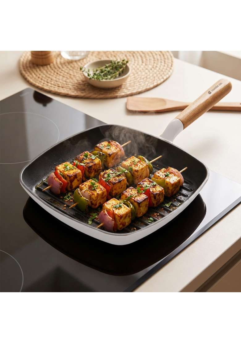 CUMIN CO. Enamel Cast Iron Grill Pan | 1.2 L | 1.3 Qt | 24 cm | 9.4 Inch | Induction Compatible | Non-Toxic | Non-Stick - Indya