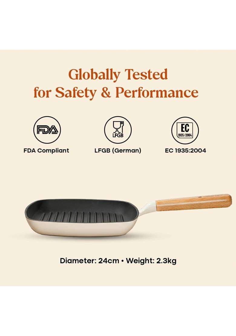 CUMIN CO. Enamel Cast Iron Grill Pan | 1.2 L | 1.3 Qt | 24 cm | 9.4 Inch | Induction Compatible | Non-Toxic | Non-Stick - Indya