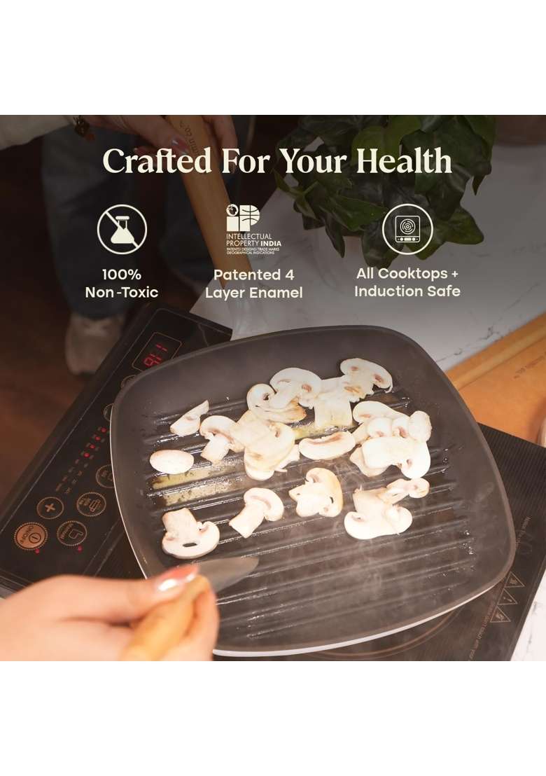 CUMIN CO. Enamel Cast Iron Grill Pan | 1.2 L | 1.3 Qt | 24 cm | 9.4 Inch | Induction Compatible | Non-Toxic | Non-Stick - Indya