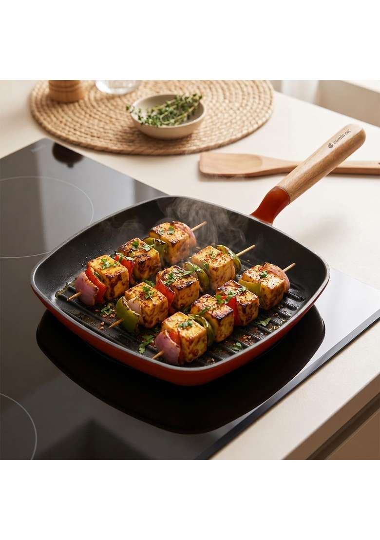 CUMIN CO. Enamel Cast Iron Grill Pan | 1.2 L | 1.3 Qt | 24 cm | 9.4 Inch | Induction Compatible | Non-Toxic | Non-Stick - Indya