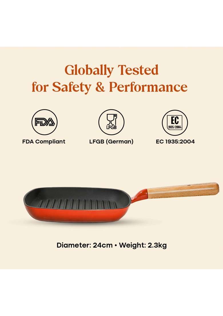 CUMIN CO. Enamel Cast Iron Grill Pan | 1.2 L | 1.3 Qt | 24 cm | 9.4 Inch | Induction Compatible | Non-Toxic | Non-Stick - Indya