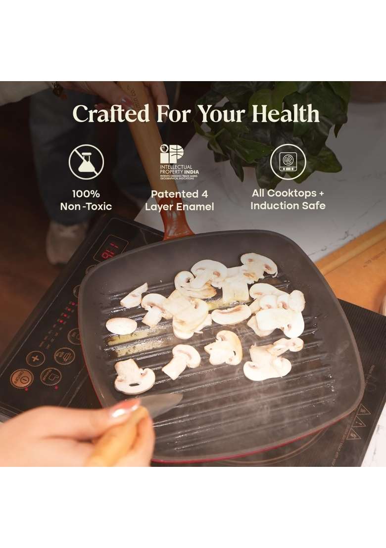 CUMIN CO. Enamel Cast Iron Grill Pan | 1.2 L | 1.3 Qt | 24 cm | 9.4 Inch | Induction Compatible | Non-Toxic | Non-Stick - Indya