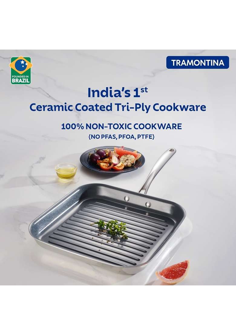 TRAMONTINA Fusao EX Triply Stainless Steel Ceramic Coated Grill Pan | 26 cm | 10.2 Inch | Induction Compatible - Indya