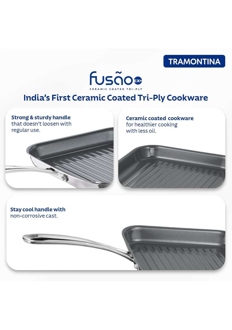 TRAMONTINA Fusao EX Triply Stainless Steel Ceramic Coated Grill Pan | 26 cm | 10.2 Inch | Induction Compatible - Indya