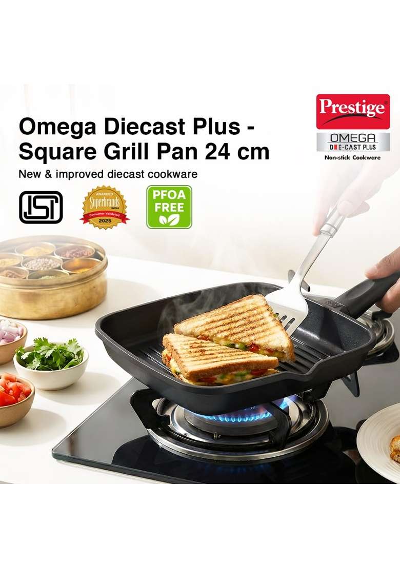 Prestige Omega Die Cast Aluminium Non-Stick Square Grill Pan 3-Layer Easy Release | 24 cm | 9.4 Inch | Induction Compatible - Indya