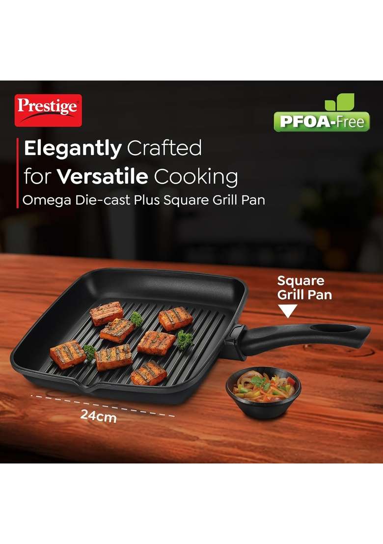 Prestige Omega Die Cast Aluminium Non-Stick Square Grill Pan 3-Layer Easy Release | 24 cm | 9.4 Inch | Induction Compatible - Indya