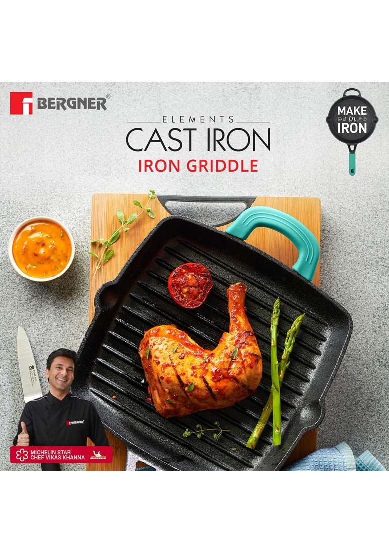 BERGNER Elements Cast Iron Reversible Grill Pan | 30 cm | 11.8 Inch | Pre-Seasoned - Indya