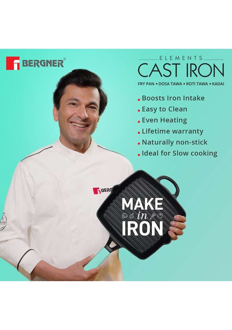 BERGNER Elements Cast Iron Reversible Grill Pan | 30 cm | 11.8 Inch | Pre-Seasoned - Indya