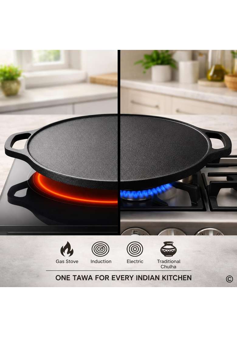 Solimo Cast Iron Dosa Tawa Dosa Pan Pre-Seasoned Cast Iron Dosa Tawa | 30 cm | 11.8 Inch | Induction Compatible | Non-Toxic | Non-Stick - Indya