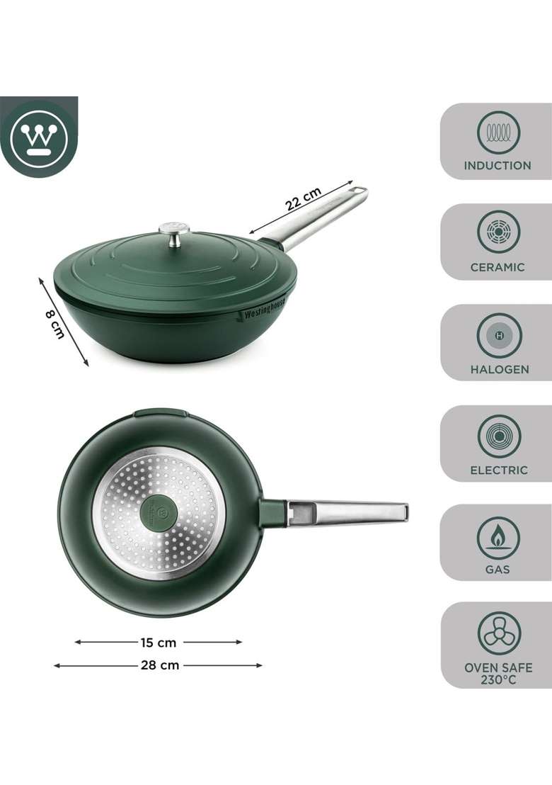 Westinghouse Performance Series Large Wok Non Stick | 28 cm | 11 Inch | Induction Compatible | With Lid - Indya