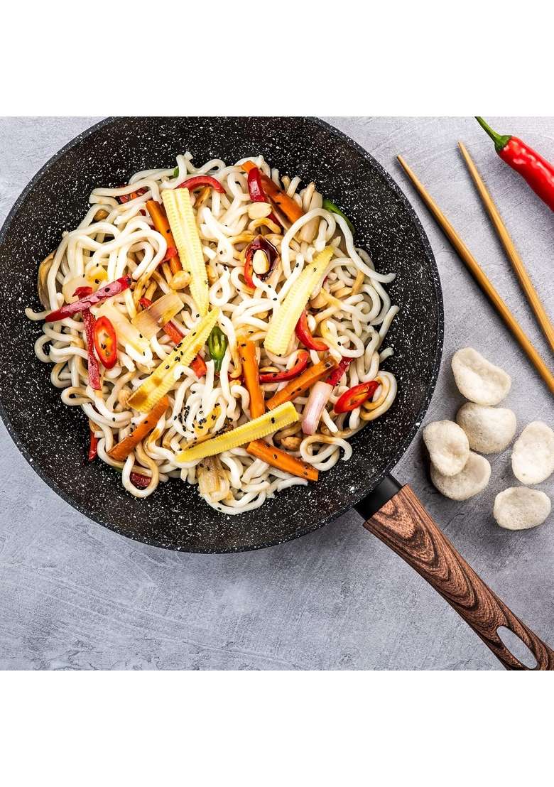 Westinghouse Black Marble Series Wok | 30 cm | 11.8 Inch | Induction Compatible | Dishwasher Safe | Non-Stick - Indya