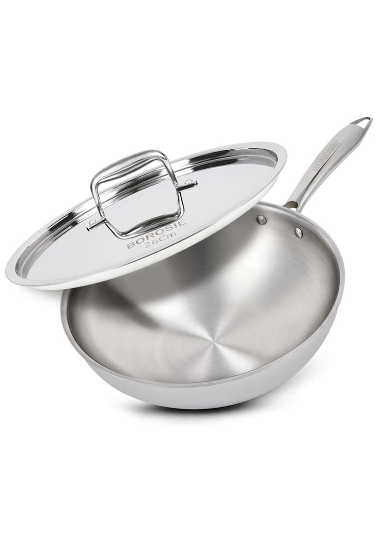 Borosil Cookfresh Tri-ply Stainless Steel Wok with Lid | 3.5 L | 3.7 Qt | Induction Compatible - Indya