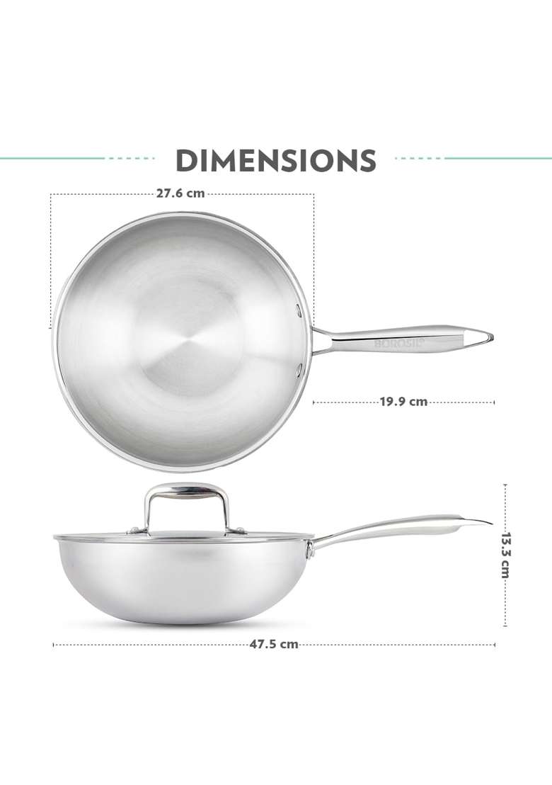 Borosil Cookfresh Tri-ply Stainless Steel Wok with Lid | 3.5 L | 3.7 Qt | Induction Compatible - Indya