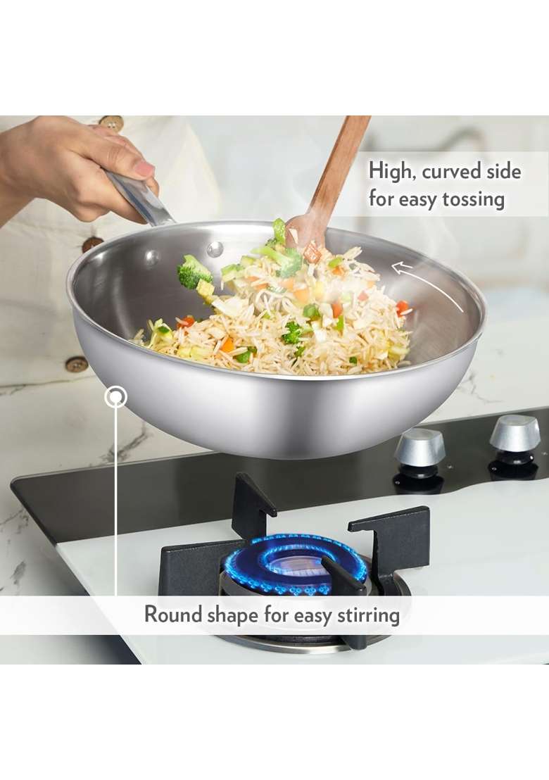 Borosil Cookfresh Tri-ply Stainless Steel Wok with Lid | 3.5 L | 3.7 Qt | Induction Compatible - Indya