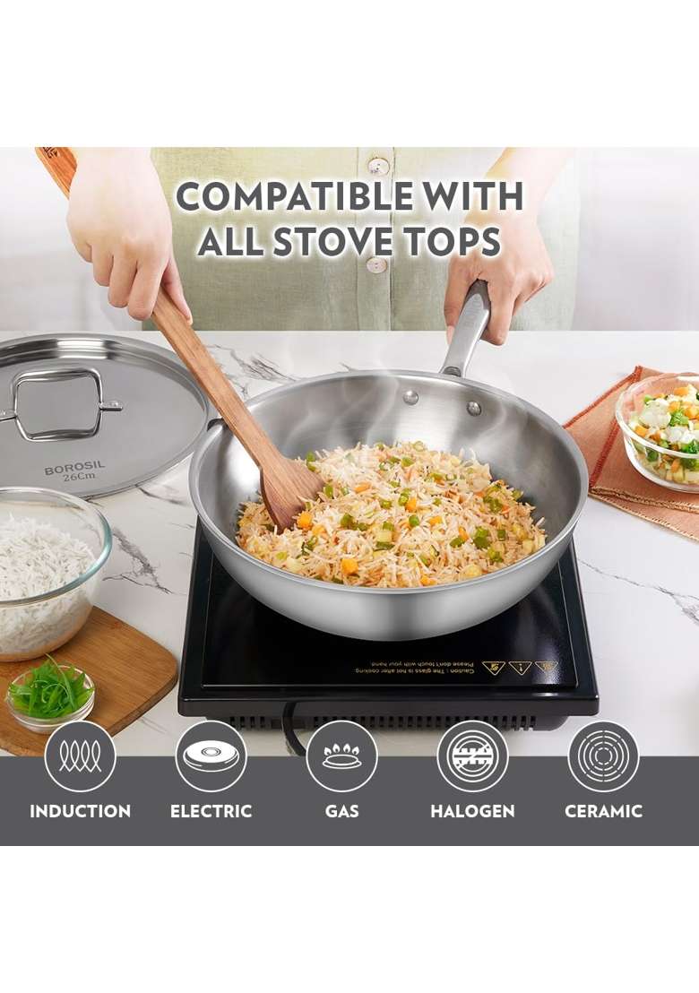 Borosil Cookfresh Tri-ply Stainless Steel Wok with Lid | 3.5 L | 3.7 Qt | Induction Compatible - Indya
