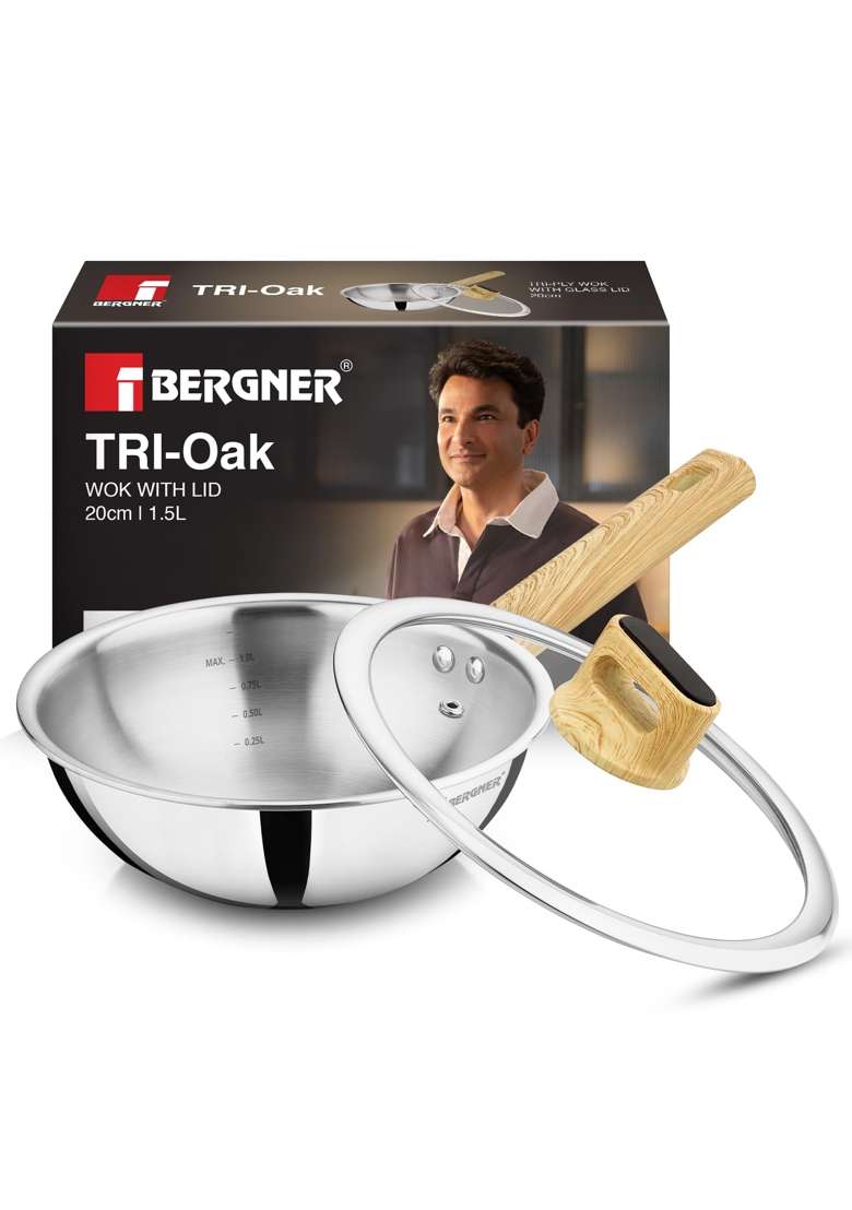 BERGNER Tri-Oak Triply Stainless Steel Wok with Glass Lid | 1.5 L | 1.6 Qt | 20 cm | 7.9 Inch | Induction Compatible - Indya