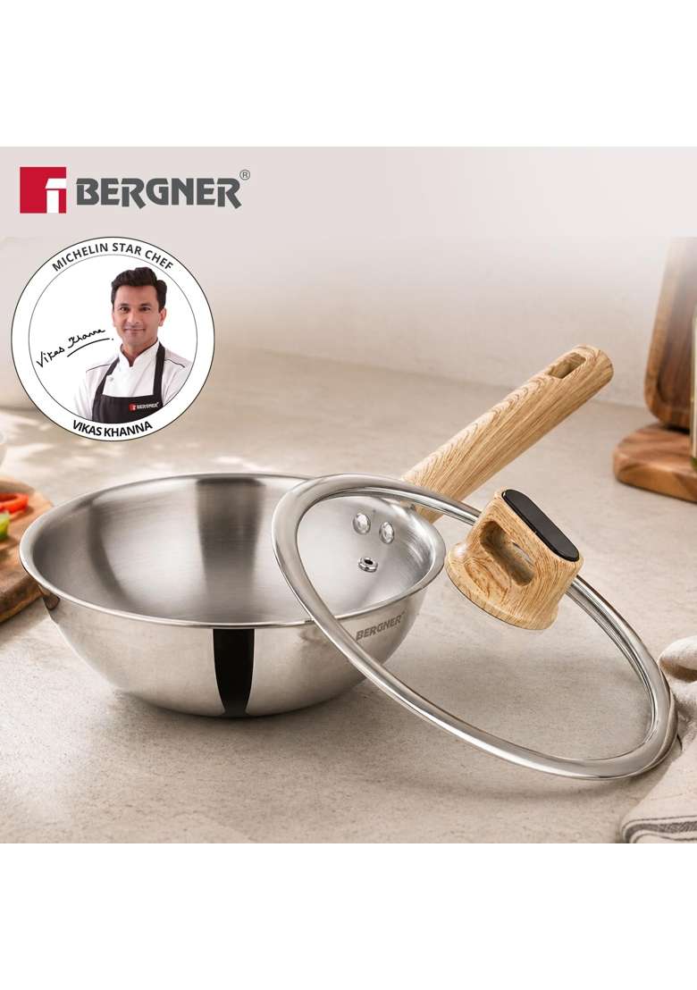 BERGNER Tri-Oak Triply Stainless Steel Wok with Glass Lid | 1.5 L | 1.6 Qt | 20 cm | 7.9 Inch | Induction Compatible - Indya