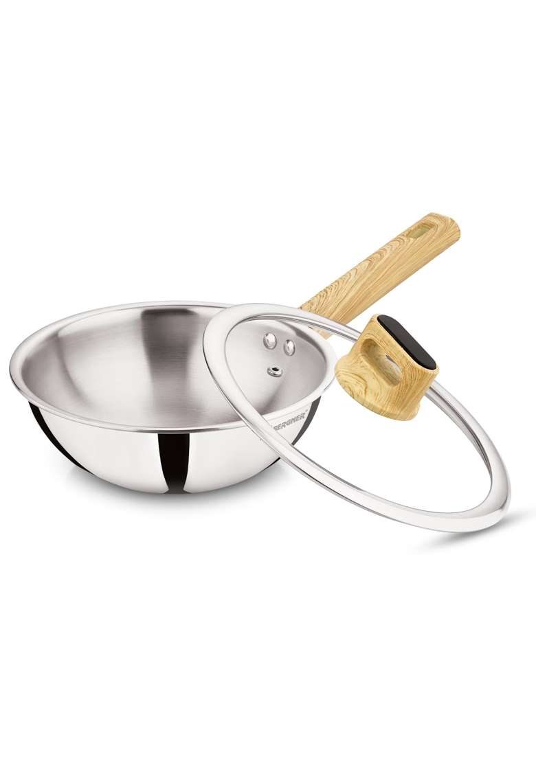BERGNER Tri-Oak Triply Stainless Steel Wok with Glass Lid | 1.5 L | 1.6 Qt | 20 cm | 7.9 Inch | Induction Compatible - Indya