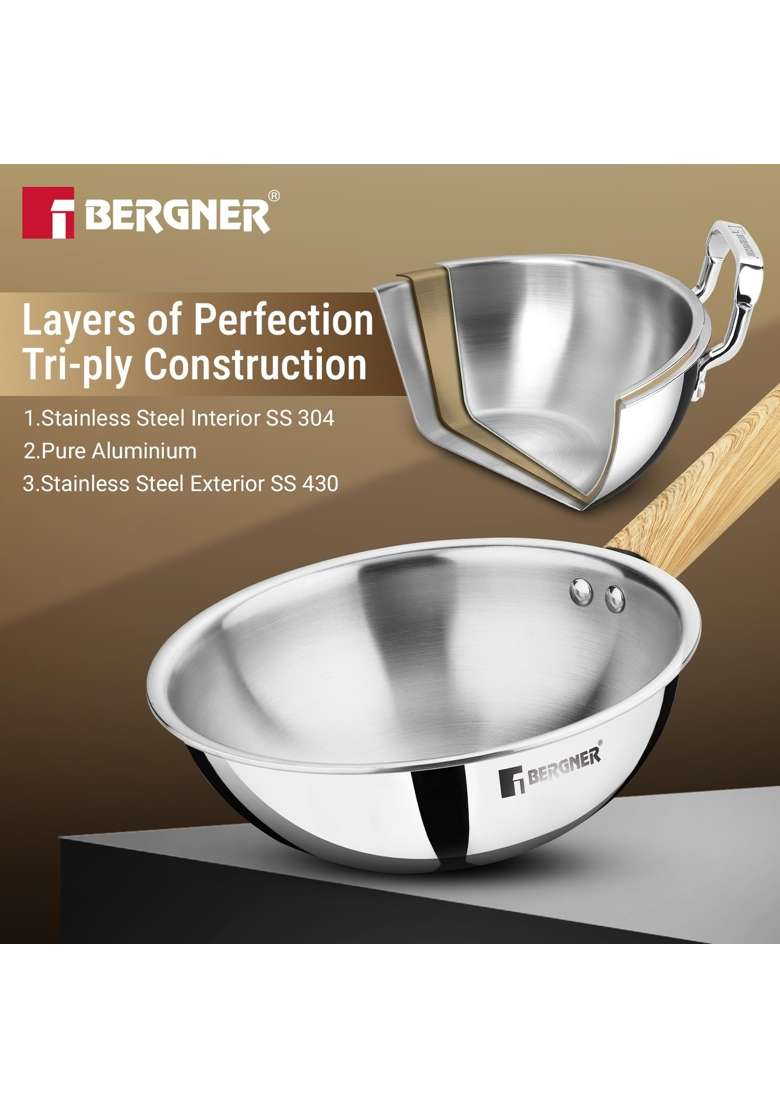 BERGNER Tri-Oak Triply Stainless Steel Wok with Glass Lid | 1.5 L | 1.6 Qt | 20 cm | 7.9 Inch | Induction Compatible - Indya