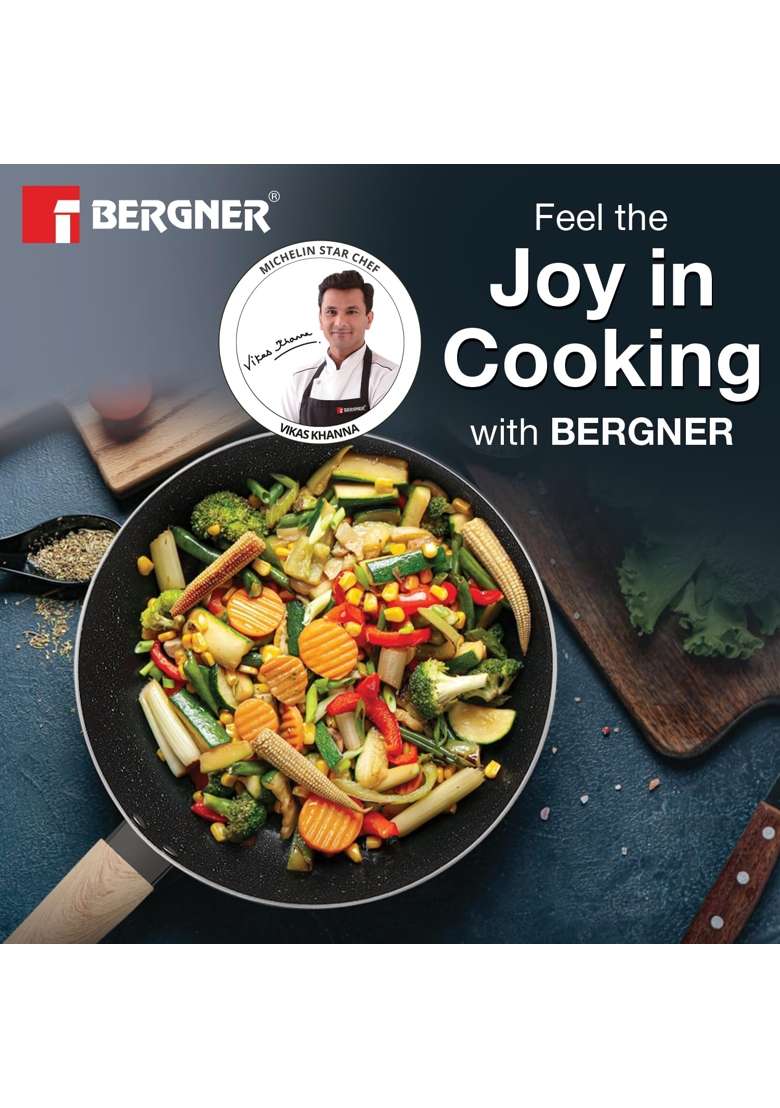 BERGNER Earth Black Non-Stick Wok | 3 L | 3.2 Qt | 24 cm | 9.4 Inch | Induction Compatible - Indya