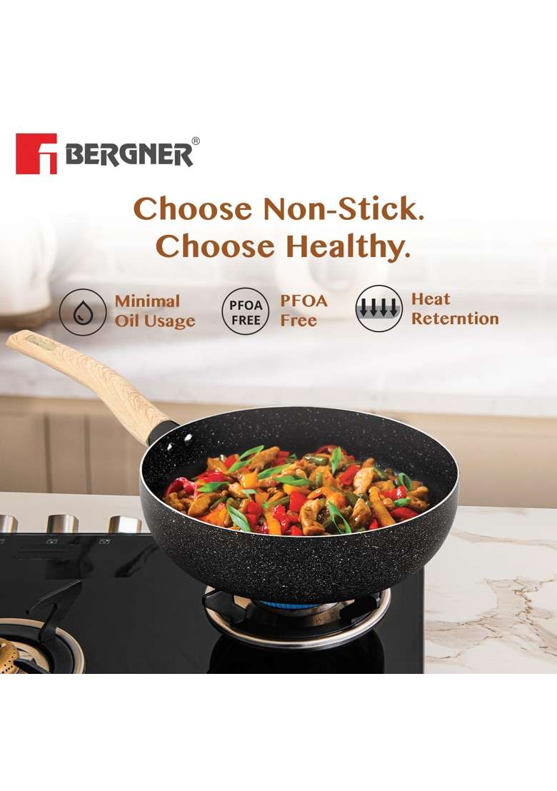 BERGNER Earth Black Non-Stick Wok | 3 L | 3.2 Qt | 24 cm | 9.4 Inch | Induction Compatible - Indya