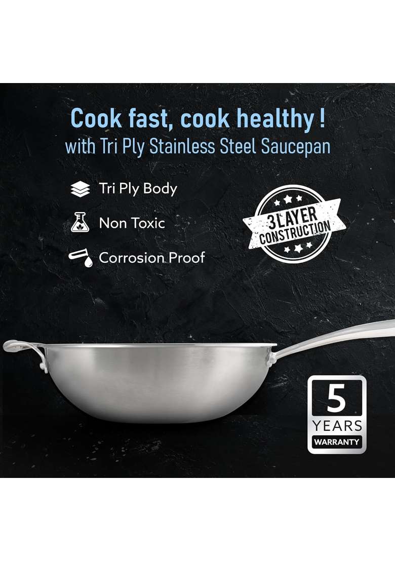 AGARO Stainless Steel Regency Triply Wok | 3 L | 3.2 Qt | 26 cm | 10.2 Inch | Induction Compatible - Indya