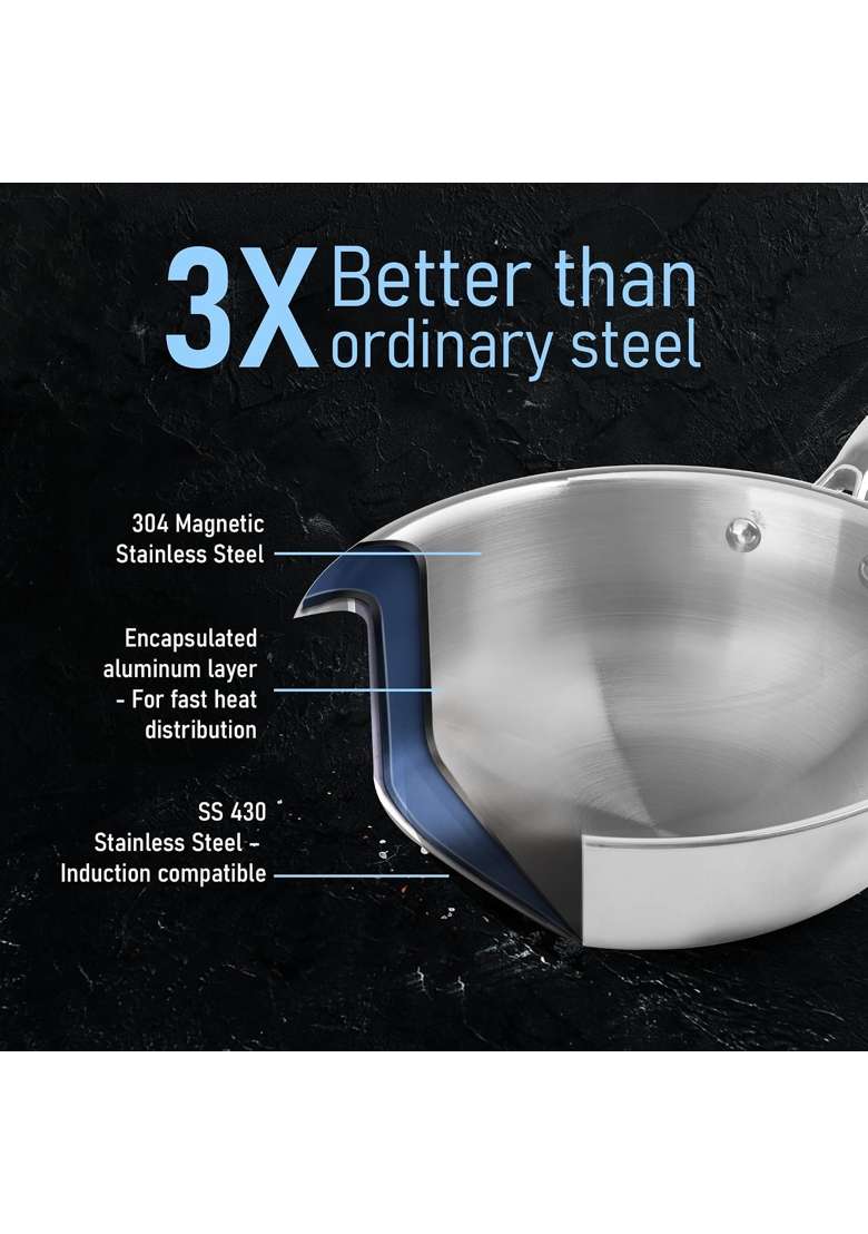 AGARO Stainless Steel Regency Triply Wok | 3 L | 3.2 Qt | 26 cm | 10.2 Inch | Induction Compatible - Indya