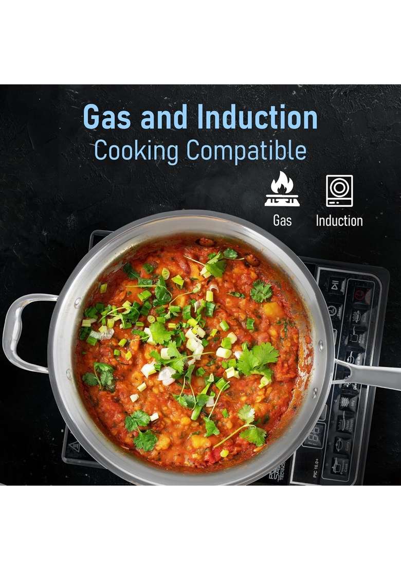 AGARO Stainless Steel Regency Triply Wok | 3 L | 3.2 Qt | 26 cm | 10.2 Inch | Induction Compatible - Indya