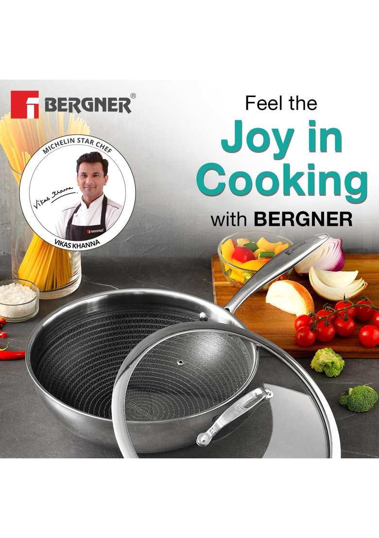 BERGNER Hi-Tech TriPly Stainless Steel | 4.5 L | 4.8 Qt | 28 cm | 11 Inch | Induction Compatible | Non-Toxic | Non-Stick | With Lid - Indya