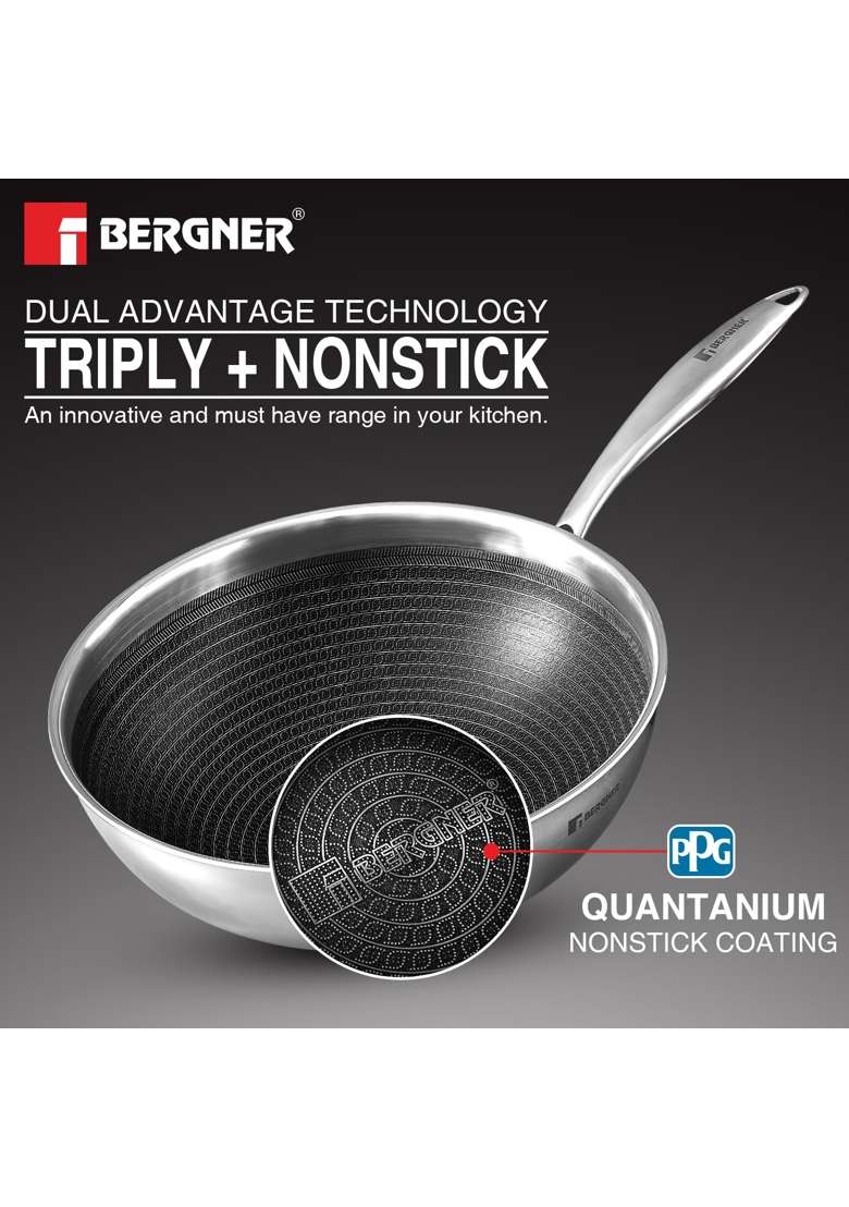 BERGNER Hi-Tech TriPly Stainless Steel | 4.5 L | 4.8 Qt | 28 cm | 11 Inch | Induction Compatible | Non-Toxic | Non-Stick | With Lid - Indya