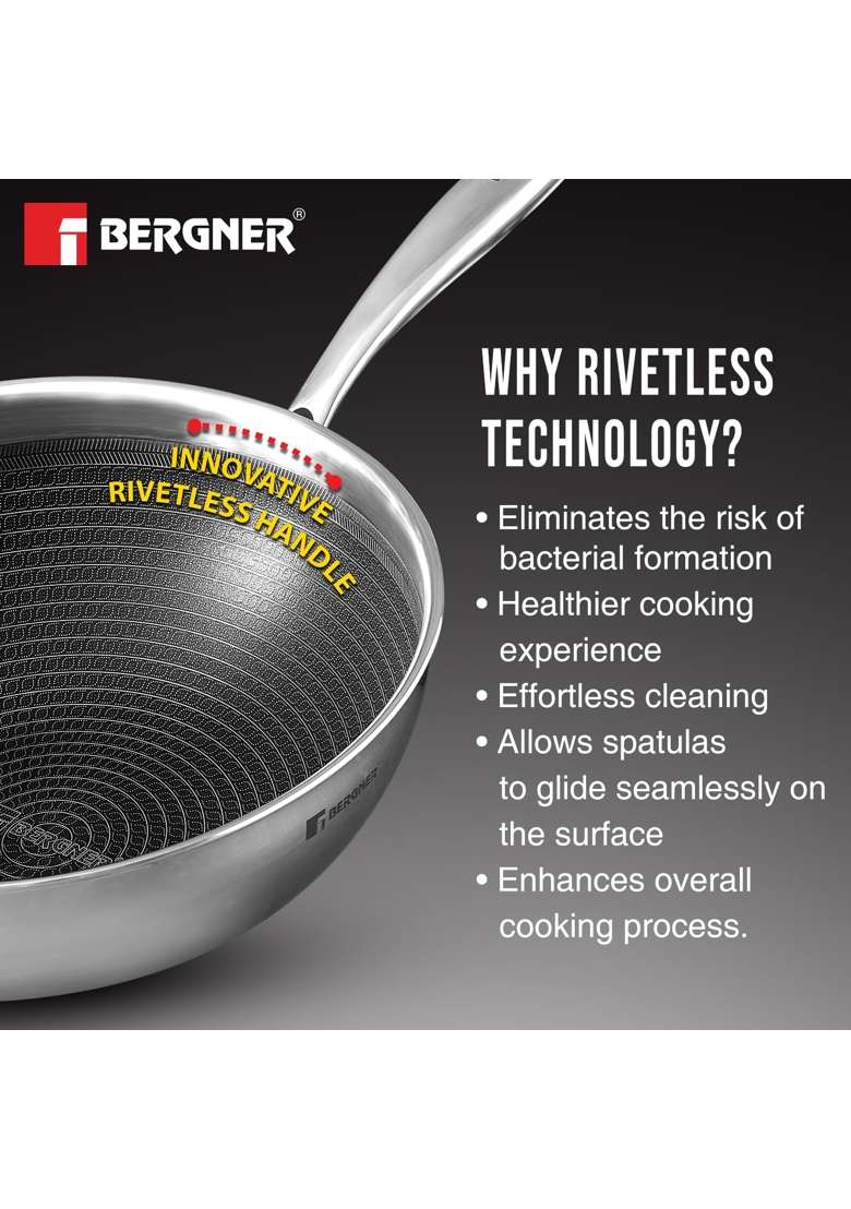 BERGNER Hi-Tech TriPly Stainless Steel | 4.5 L | 4.8 Qt | 28 cm | 11 Inch | Induction Compatible | Non-Toxic | Non-Stick | With Lid - Indya