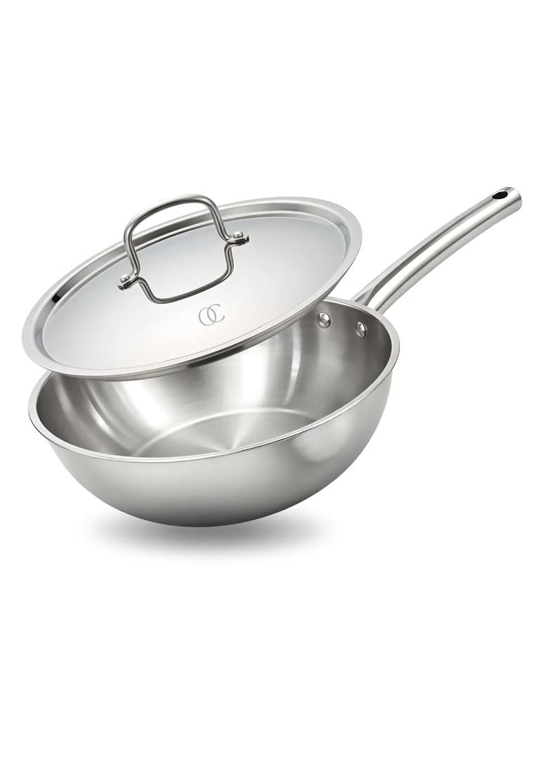 Omichef Triply Stainless Steel Wok with Lid | 3 L | 3.2 Qt | 24 cm | 9.4 Inch | Induction Compatible | Non-Toxic - Indya
