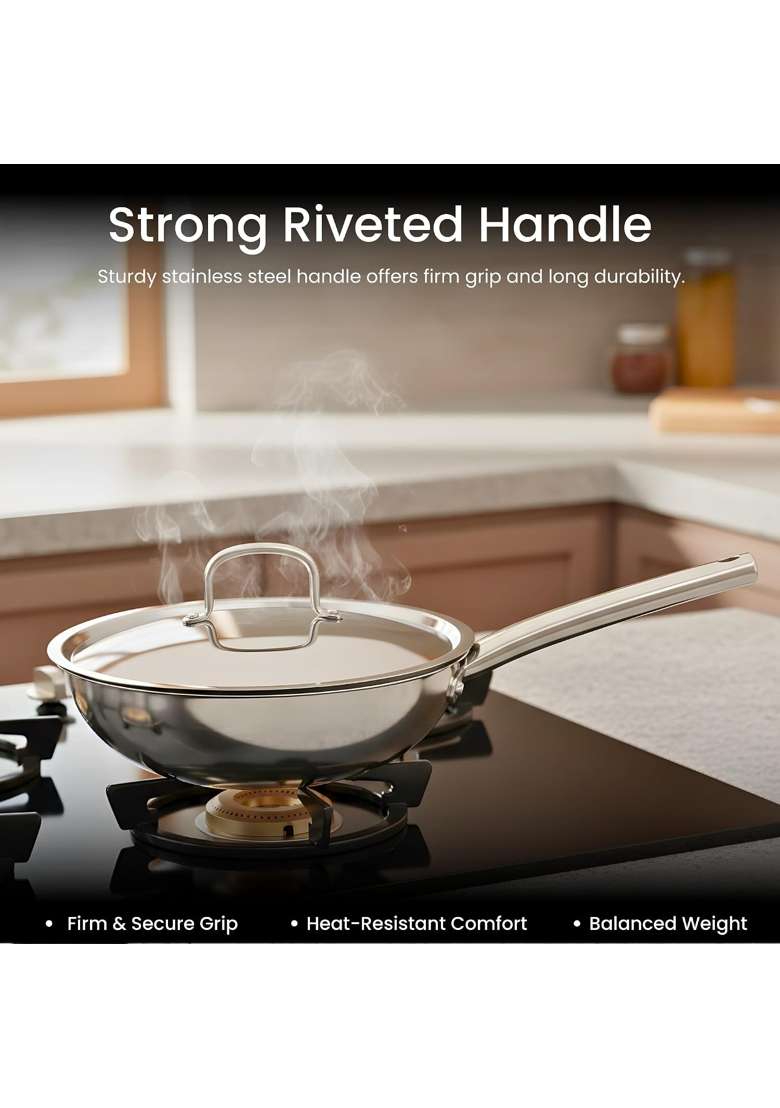 Omichef Triply Stainless Steel Wok with Lid | 3 L | 3.2 Qt | 24 cm | 9.4 Inch | Induction Compatible | Non-Toxic - Indya