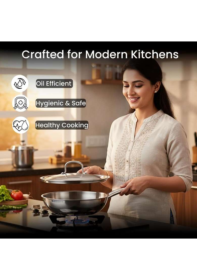 Omichef Triply Stainless Steel Wok with Lid | 3 L | 3.2 Qt | 24 cm | 9.4 Inch | Induction Compatible | Non-Toxic - Indya