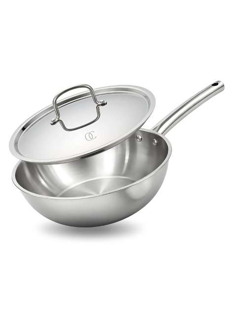 Omichef Triply Stainless Steel Wok with Lid | 3 L | 3.2 Qt | 24 cm | 9.4 Inch | Induction Compatible | Non-Toxic