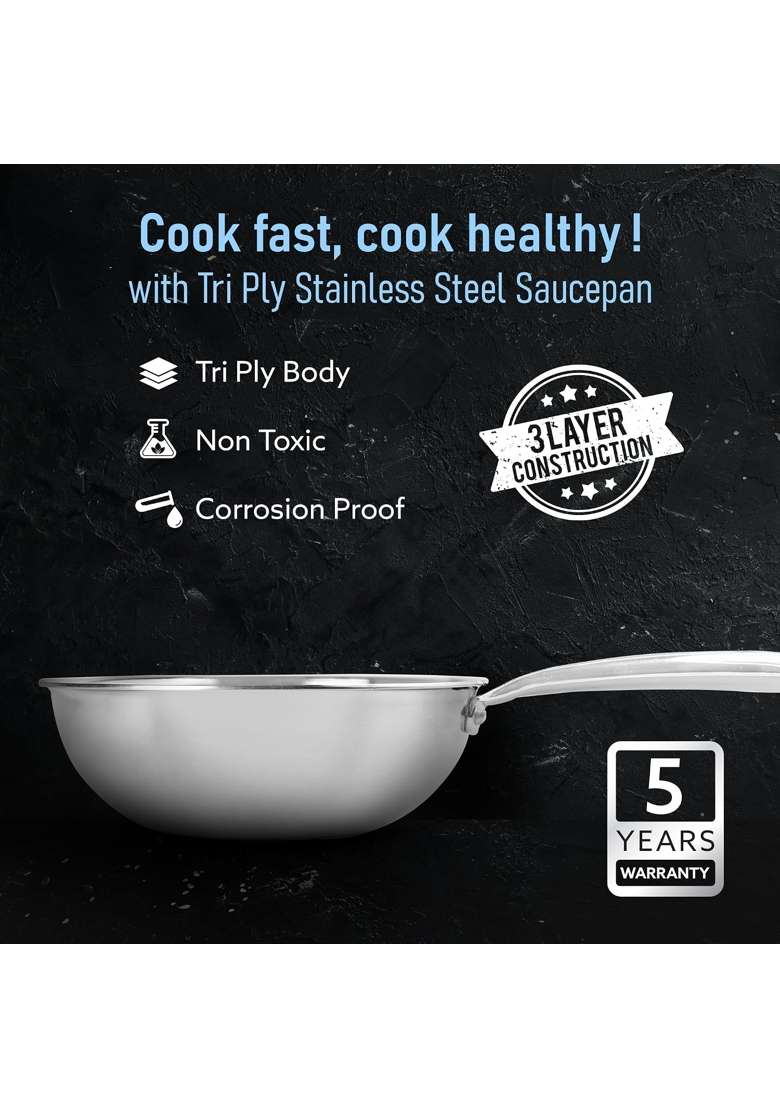 AGARO Stainless Steel Regency Triply Wok | 1.5 L | 1.6 Qt | 20 cm | 7.9 Inch | Induction Compatible - Indya