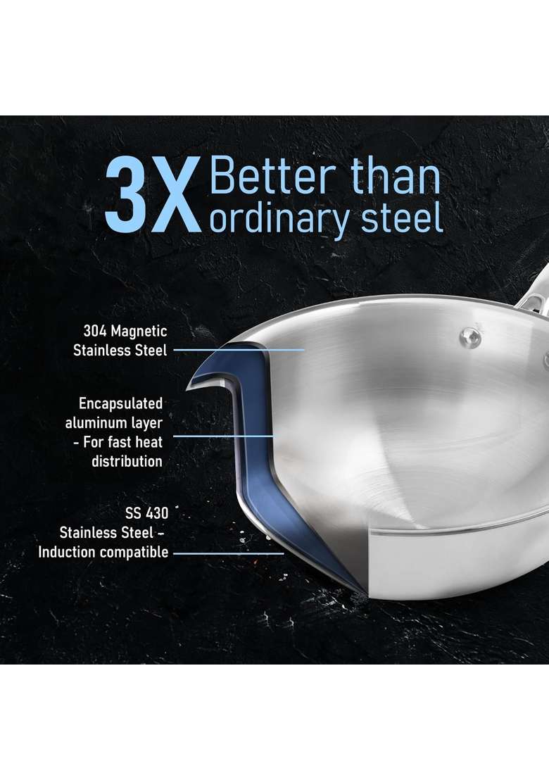 AGARO Stainless Steel Regency Triply Wok | 1.5 L | 1.6 Qt | 20 cm | 7.9 Inch | Induction Compatible - Indya