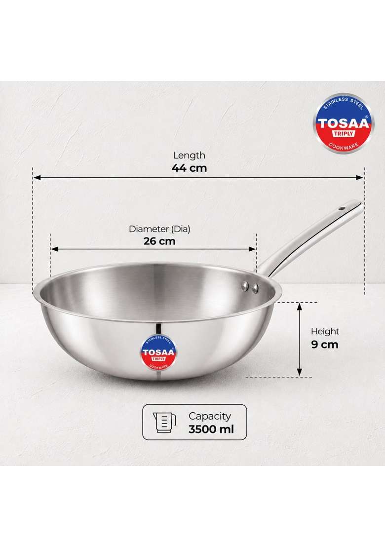 Tosaa Triply Wok | 3500 ml | 118.3 fl oz | 26 cm | 10.2 Inch - Indya