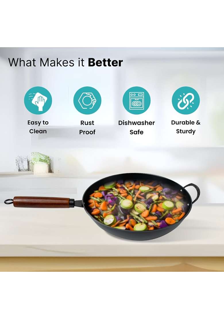 The Better Home Carbon SteelPulse Series Wok with Handle | 4 L | 4.2 Qt | Induction Compatible - Indya