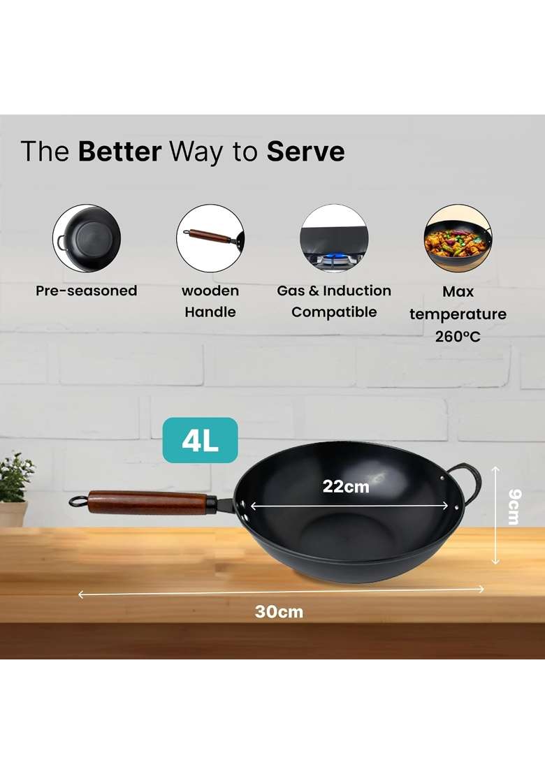 The Better Home Carbon SteelPulse Series Wok with Handle | 4 L | 4.2 Qt | Induction Compatible - Indya