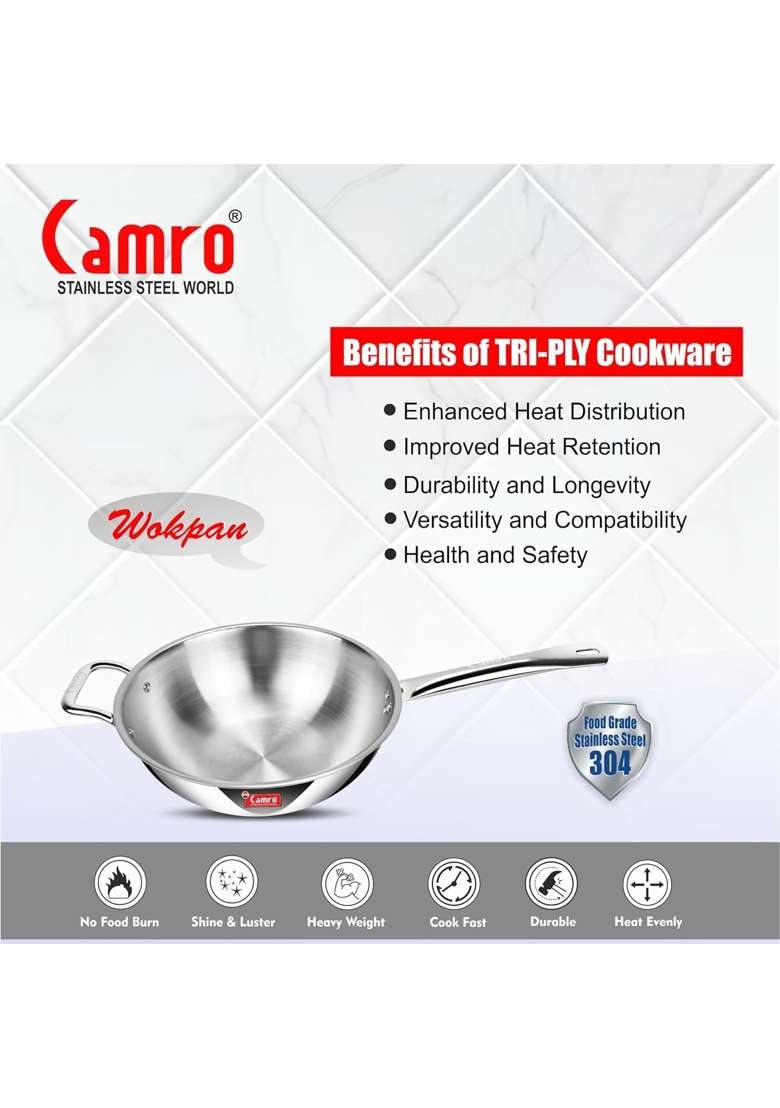 Camro Steel Camro Triply Artisian Wok Pan | 4 L | 4.2 Qt | 26 cm | 10.2 Inch - Indya