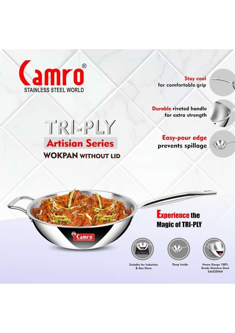 Camro Steel Camro Triply Artisian Wok Pan | 4 L | 4.2 Qt | 26 cm | 10.2 Inch - Indya