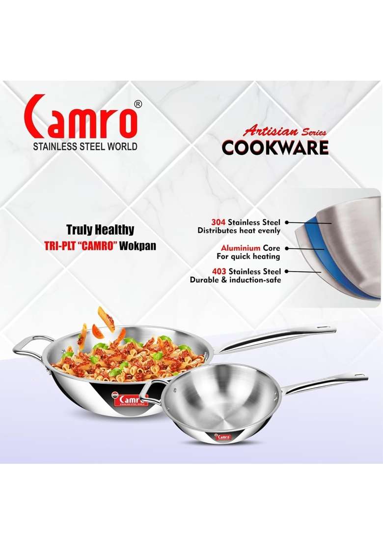 Camro Steel Camro Triply Artisian Wok Pan | 4 L | 4.2 Qt | 26 cm | 10.2 Inch - Indya